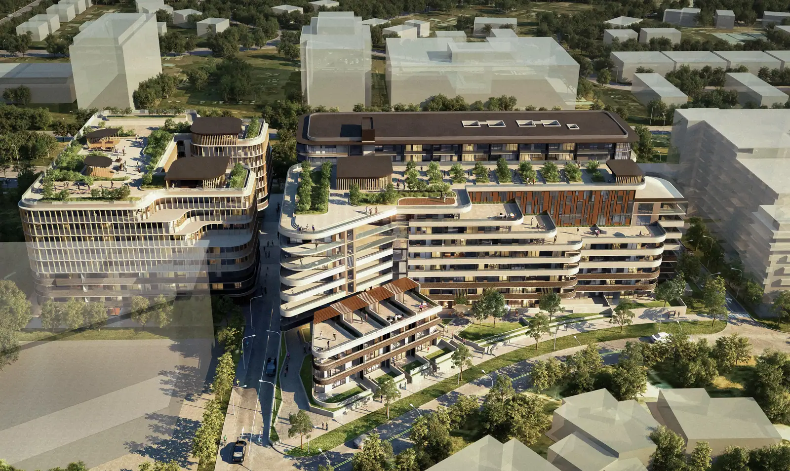 Aerial view of Hotel Pavilion redevelopment showing curved wings, terraces and central courtyard in Northbourne Avenue, ACT